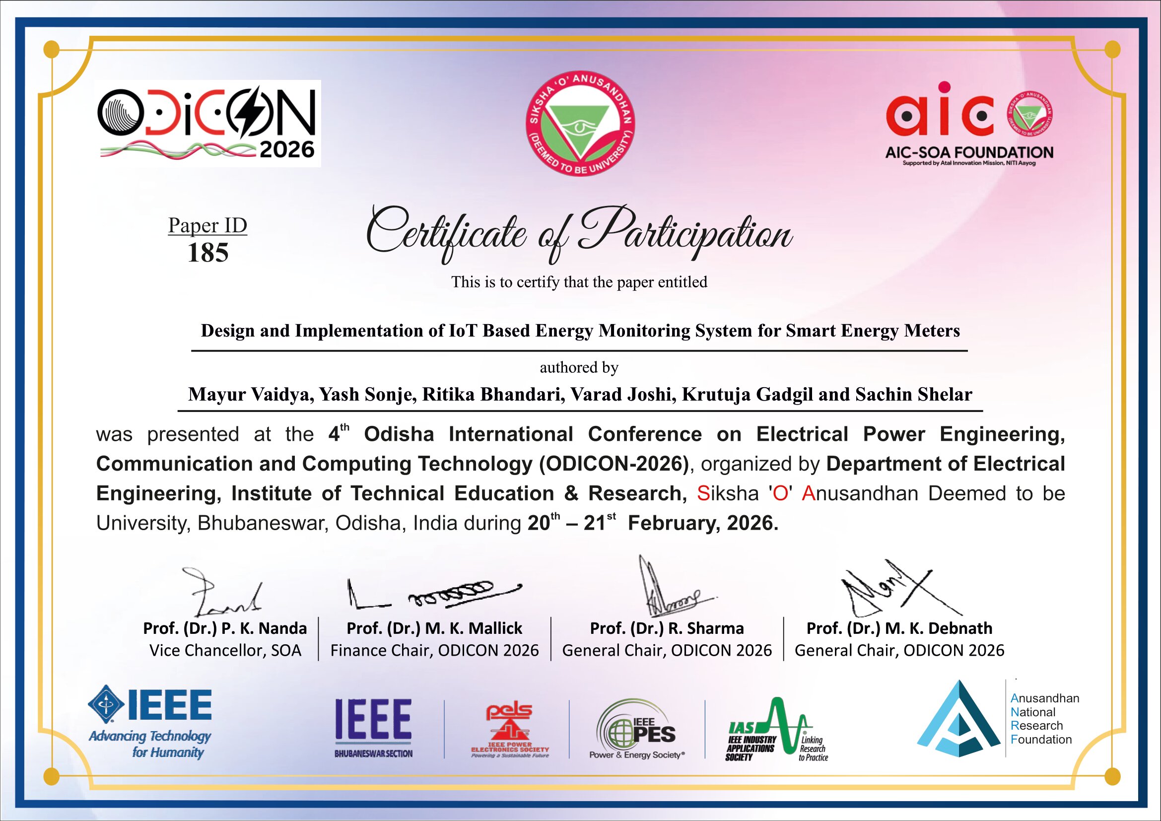 Certificate of Participation for Design and Implementation of IoT Based Energy Monitoring System for Smart Energy Meters